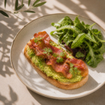 Avocado Toast with Bacon on Toasted White Sourdough and Green Salad