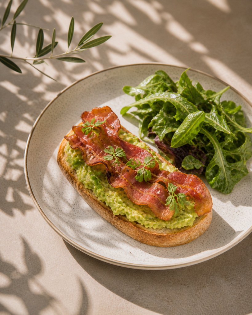 Avocado Toast with Bacon on Toasted White Sourdough and Green Salad