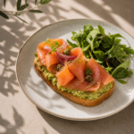 Avocado Toast with Salmon on Toasted White Sourdough and Green Salad