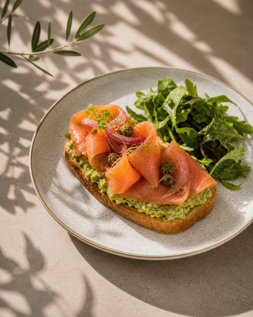 Avocado Toast with Salmon on Toasted White Sourdough and Green Salad