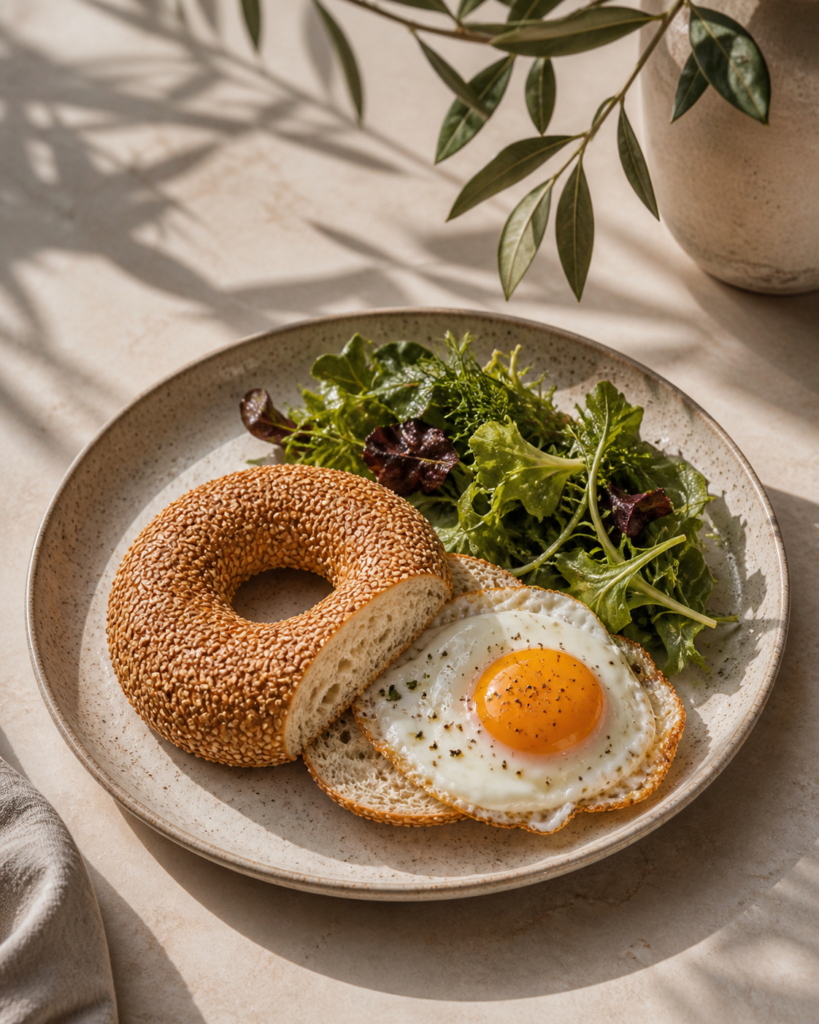 Fried Egg Sunny Side Up Bagel with Green Salad