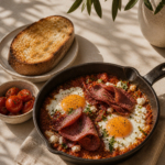 Kagianas Shakshuka with Pastrami Marinated Cherry Tomatoes and Toasted Sourdough in a Cast Iron Skillet