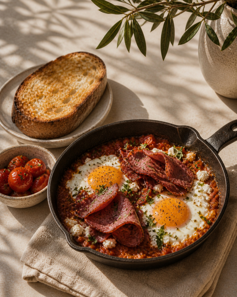 Kagianas Shakshuka with Pastrami Marinated Cherry Tomatoes and Toasted Sourdough in a Cast Iron Skillet